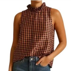 J. Crew NEW Gingham Ruffle Mock‎ Neck Sleeveless Top XS Holiday Cocktail Party
